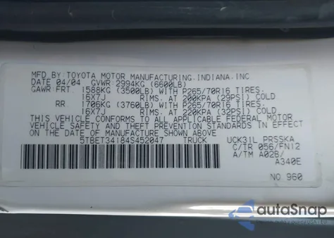2004 Toyota Tundra Sr5 V8 z USA, uszkodzony, nr VIN 5TBET34184S452047